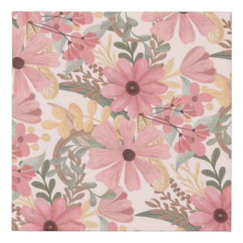 Pink Sage Green Floral Leaves Watercolor Pattern Faux Canvas Print