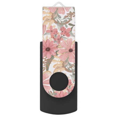 Pink Sage Green Floral Leaves Watercolor Pattern Flash Drive