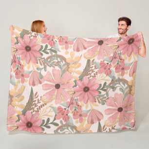 Pink Sage Green Floral Leaves Watercolor Pattern Fleece Blanket