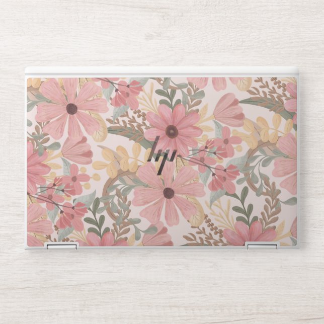Pink Sage Green Floral Leaves Watercolor Pattern HP Laptop Skin (Front)