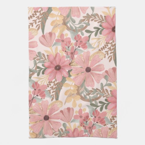 Pink Sage Green Floral Leaves Watercolor Pattern Kitchen Towel