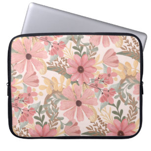 Pink Sage Green Floral Leaves Watercolor Pattern Laptop Sleeve