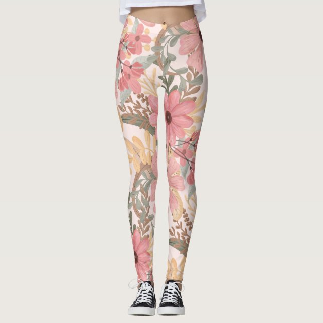 Pink Sage Green Floral Leaves Watercolor Pattern Leggings (Front)