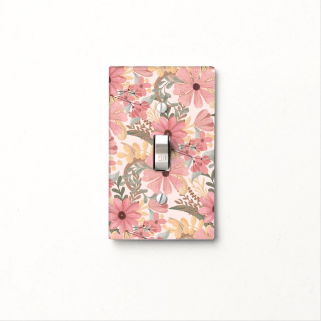 Pink Sage Green Floral Leaves Watercolor Pattern Light Switch Cover (In Situ)