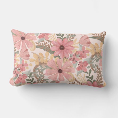 Pink Sage Green Floral Leaves Watercolor Pattern Lumbar Pillow