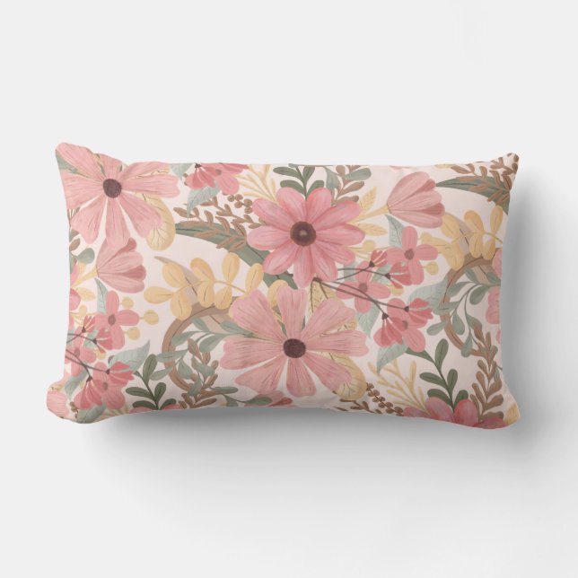 Pink Sage Green Floral Leaves Watercolor Pattern Lumbar Pillow (Front)