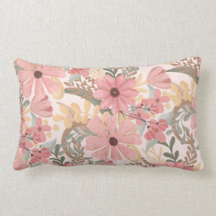 Pink Sage Green Floral Leaves Watercolor Pattern Lumbar Pillow