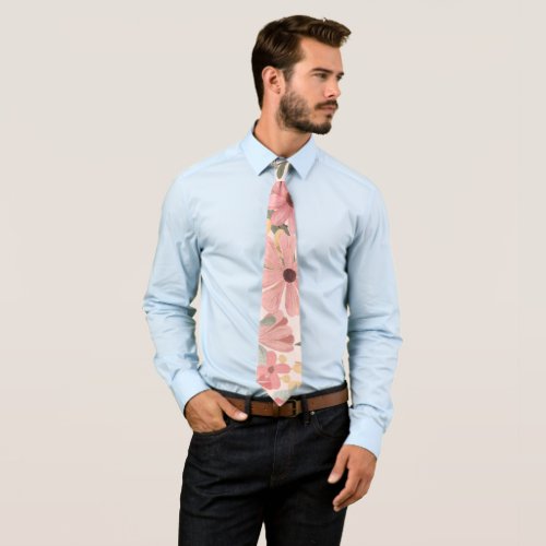 Pink Sage Green Floral Leaves Watercolor Pattern Neck Tie