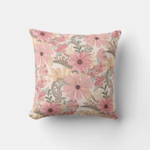 Pink Sage Green Floral Leaves Watercolor Pattern Outdoor Pillow