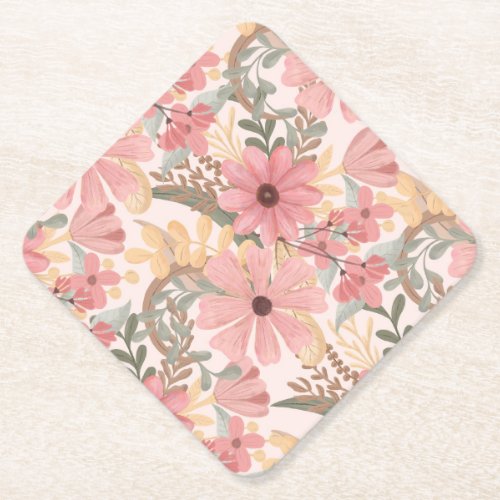 Pink Sage Green Floral Leaves Watercolor Pattern Paper Coaster