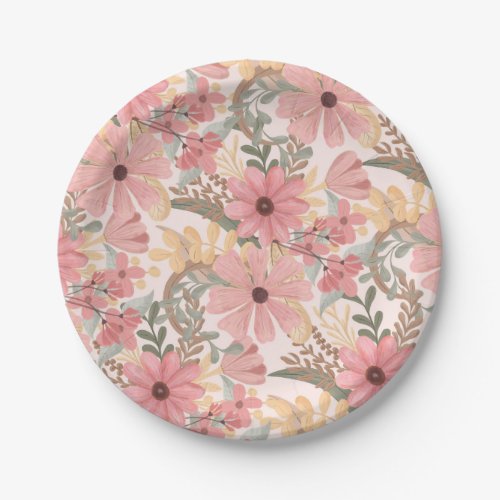 Pink Sage Green Floral Leaves Watercolor Pattern Paper Plates