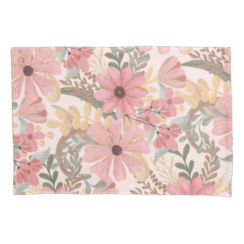 Pink Sage Green Floral Leaves Watercolor Pattern Pillow Case