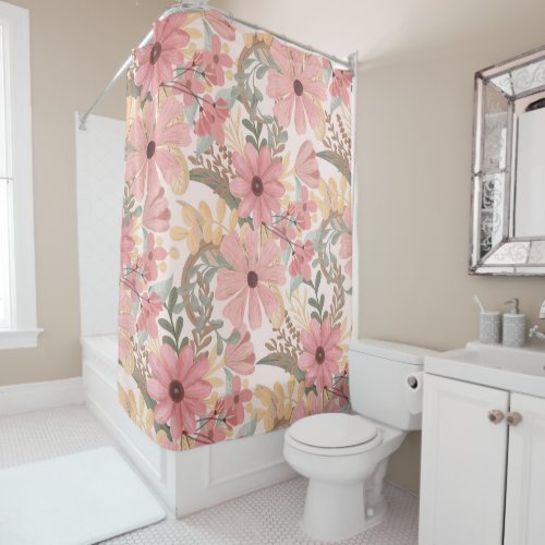 Pink Sage Green Floral Leaves Watercolor Pattern Shower Curtain
