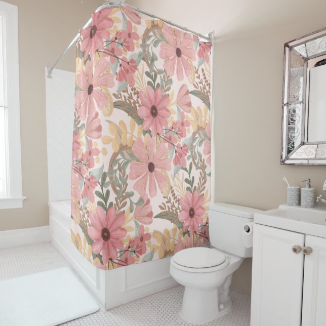 Pink Sage Green Floral Leaves Watercolor Pattern Shower Curtain (In Situ)