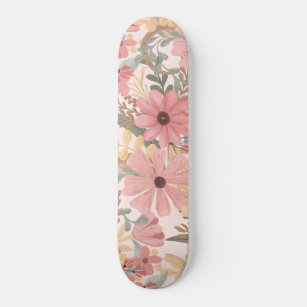Pink Sage Green Floral Leaves Watercolor Pattern Skateboard