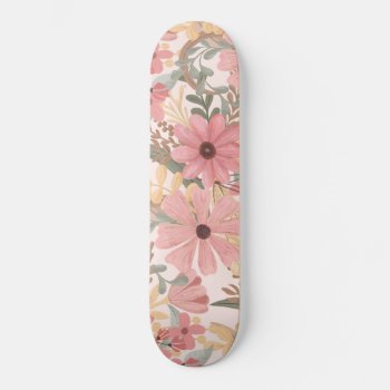 Pink Sage Green Floral Leaves Watercolor Pattern Skateboard by _LaFemme_ at Zazzle