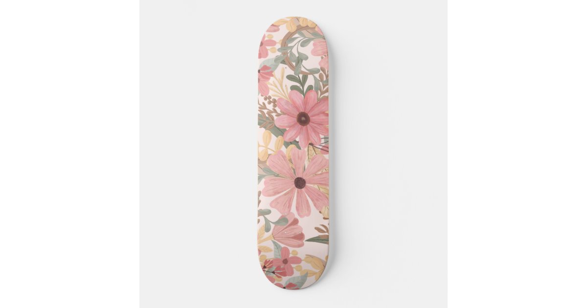 Pink Sage Green Floral Leaves Watercolor Pattern Skateboard | Zazzle