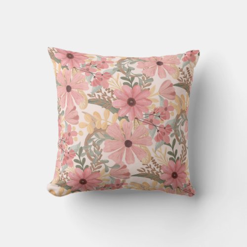Pink Sage Green Floral Leaves Watercolor Pattern Throw Pillow