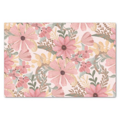 Pink Sage Green Floral Leaves Watercolor Pattern Tissue Paper