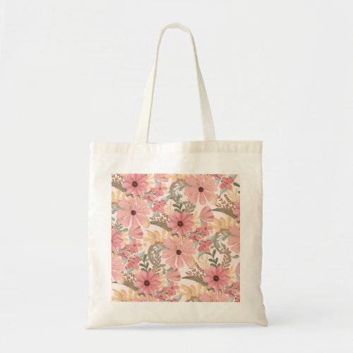 Pink Sage Green Floral Leaves Watercolor Pattern Tote Bag