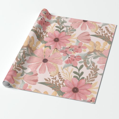 Pink Sage Green Floral Leaves Watercolor Pattern Wrapping Paper