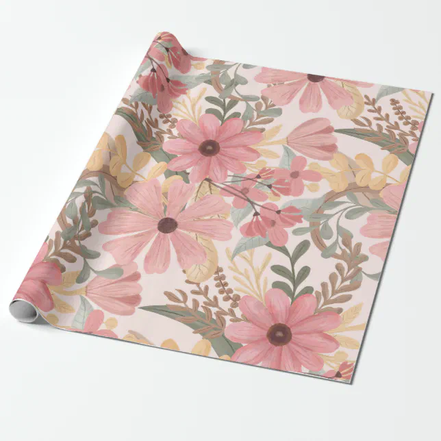 Pink Sage Green Floral Leaves Watercolor Pattern Wrapping Paper | Zazzle