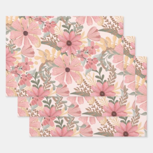 Pink Sage Green Floral Leaves Watercolor Pattern Wrapping Paper Sheets