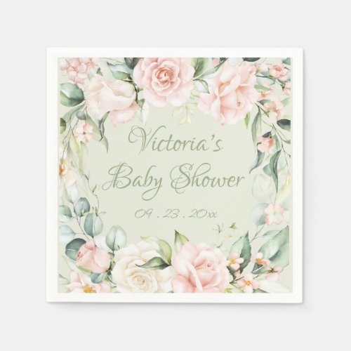 Pink Sage Green Floral Personalized Baby Shower  Napkins