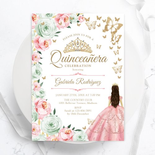 Pink Sage Green Floral Quinceanera Invitation