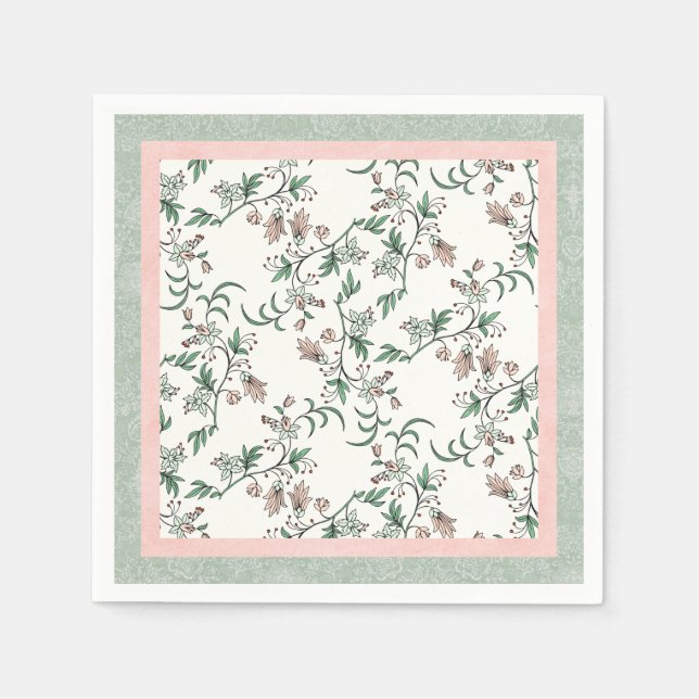 Pink Sage Green Floral Vintage Party Napkins (Front)