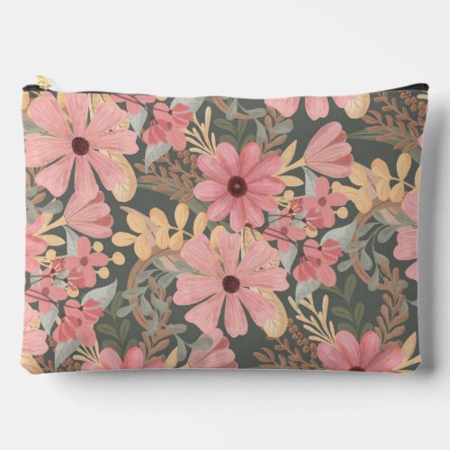 Pink Sage Green Flowers Leave Watercolor Accessory Pouch