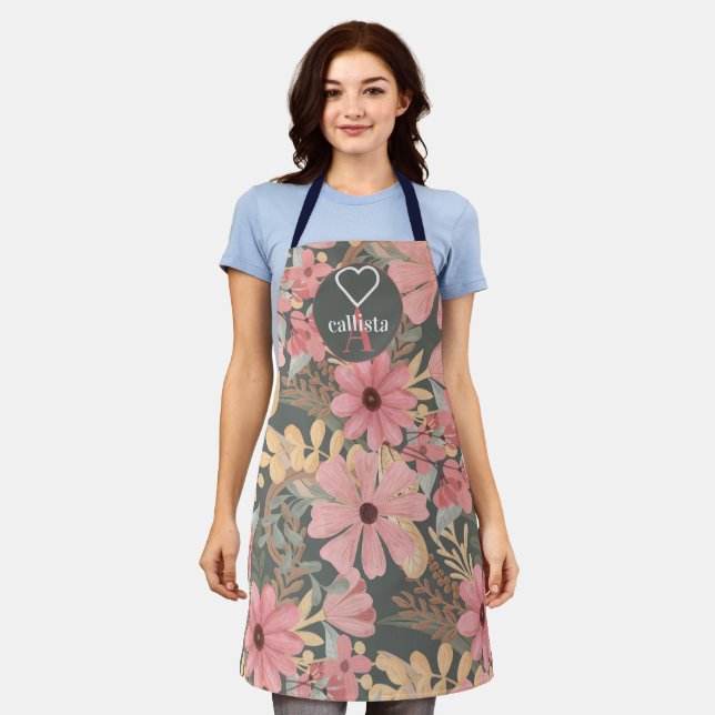 Pink Sage Green Flowers Leave Watercolor Monogram Apron (Worn)