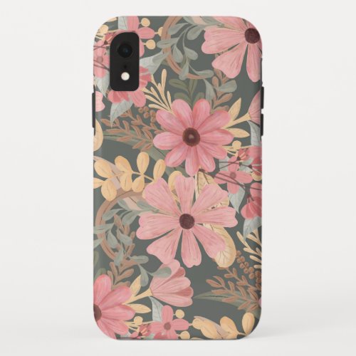 Pink Sage Green Flowers Leave Watercolor Pattern iPhone XR Case