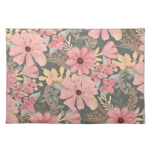 Pink Sage Green Flowers Leave Watercolor Pattern Cloth Placemat