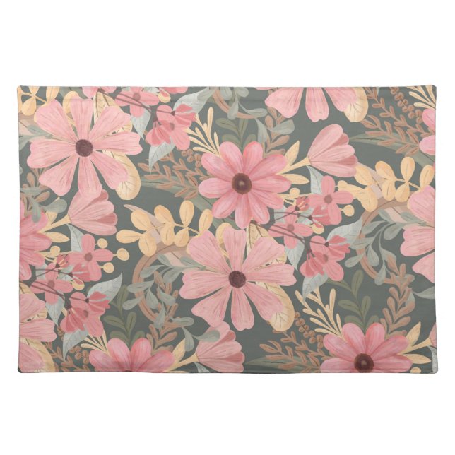 Pink Sage Green Flowers Leave Watercolor Pattern Cloth Placemat (Front)