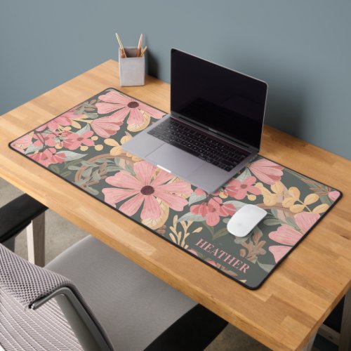 Pink Sage Green Flowers Leave Watercolor Pattern Desk Mat