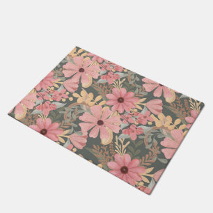 Pink Sage Green Flowers Leave Watercolor Pattern Doormat