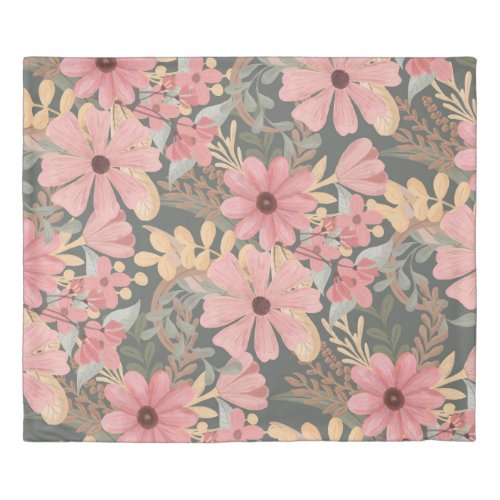 Pink Sage Green Flowers Leave Watercolor Pattern Duvet Cover