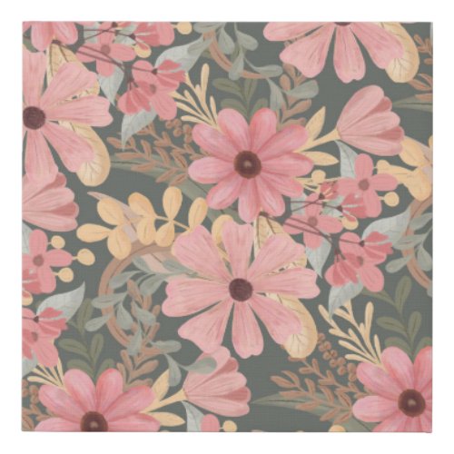 Pink Sage Green Flowers Leave Watercolor Pattern Faux Canvas Print