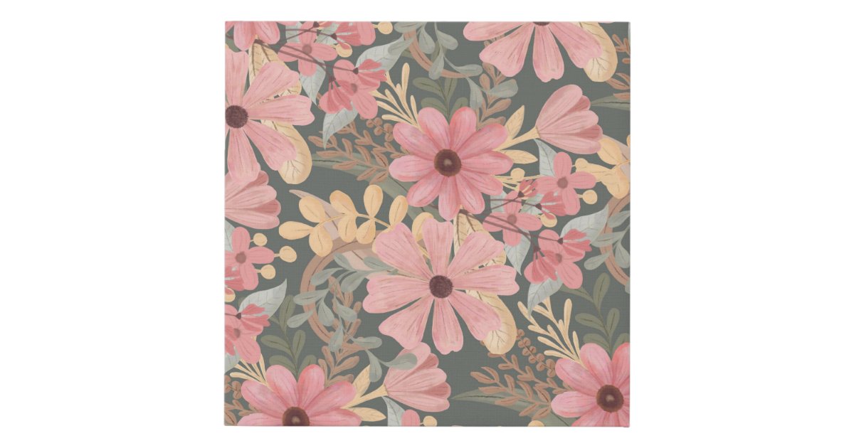 Pink Sage Green Flowers Leave Watercolor Pattern Faux Canvas Print | Zazzle
