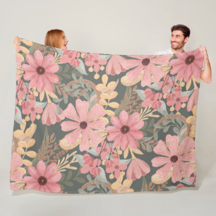 Pink Sage Green Flowers Leave Watercolor Pattern Fleece Blanket