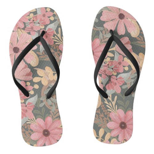 Pink Sage Green Flowers Leave Watercolor Pattern Flip Flops