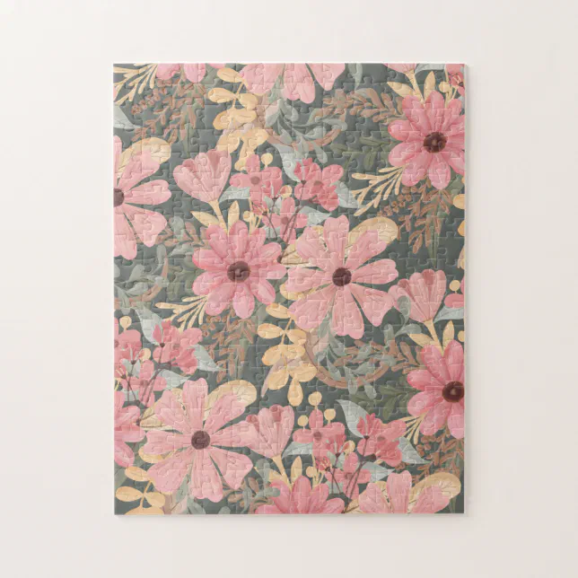 Pink Sage Green Flowers Leave Watercolor Pattern Jigsaw Puzzle | Zazzle