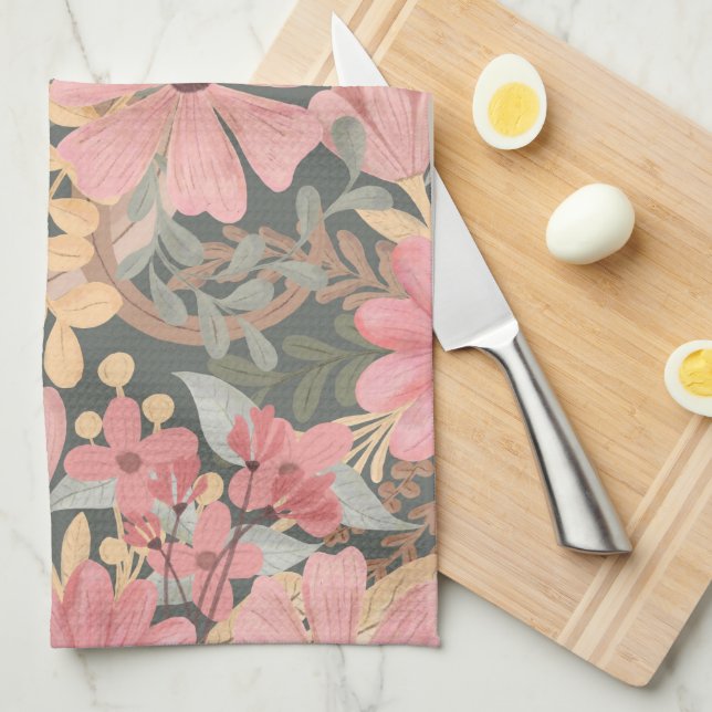 Pink Sage Green Flowers Leave Watercolor Pattern Kitchen Towel (Quarter Fold)