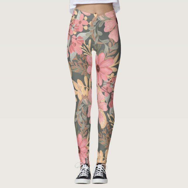 Pink Sage Green Flowers Leave Watercolor Pattern Leggings (Front)