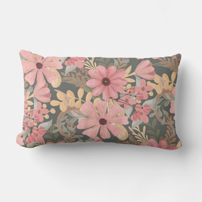 Pink Sage Green Flowers Leave Watercolor Pattern Lumbar Pillow (Front)