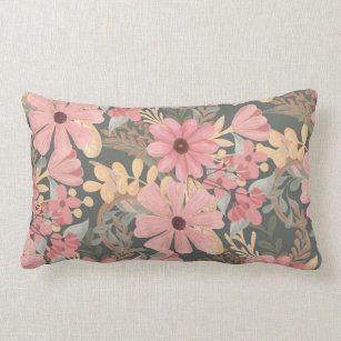 Pink Sage Green Flowers Leave Watercolor Pattern Lumbar Pillow