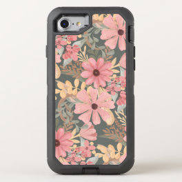 Pink Sage Green Flowers Leave Watercolor Pattern OtterBox Defender iPhone SE/8/7 Case