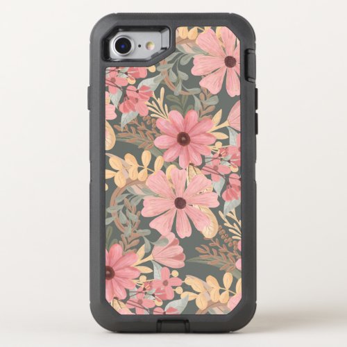 Pink Sage Green Flowers Leave Watercolor Pattern OtterBox Defender iPhone SE87 Case