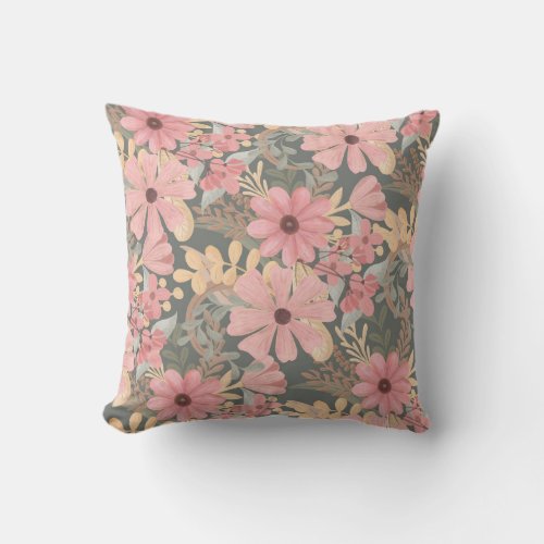 Pink Sage Green Flowers Leave Watercolor Pattern Outdoor Pillow